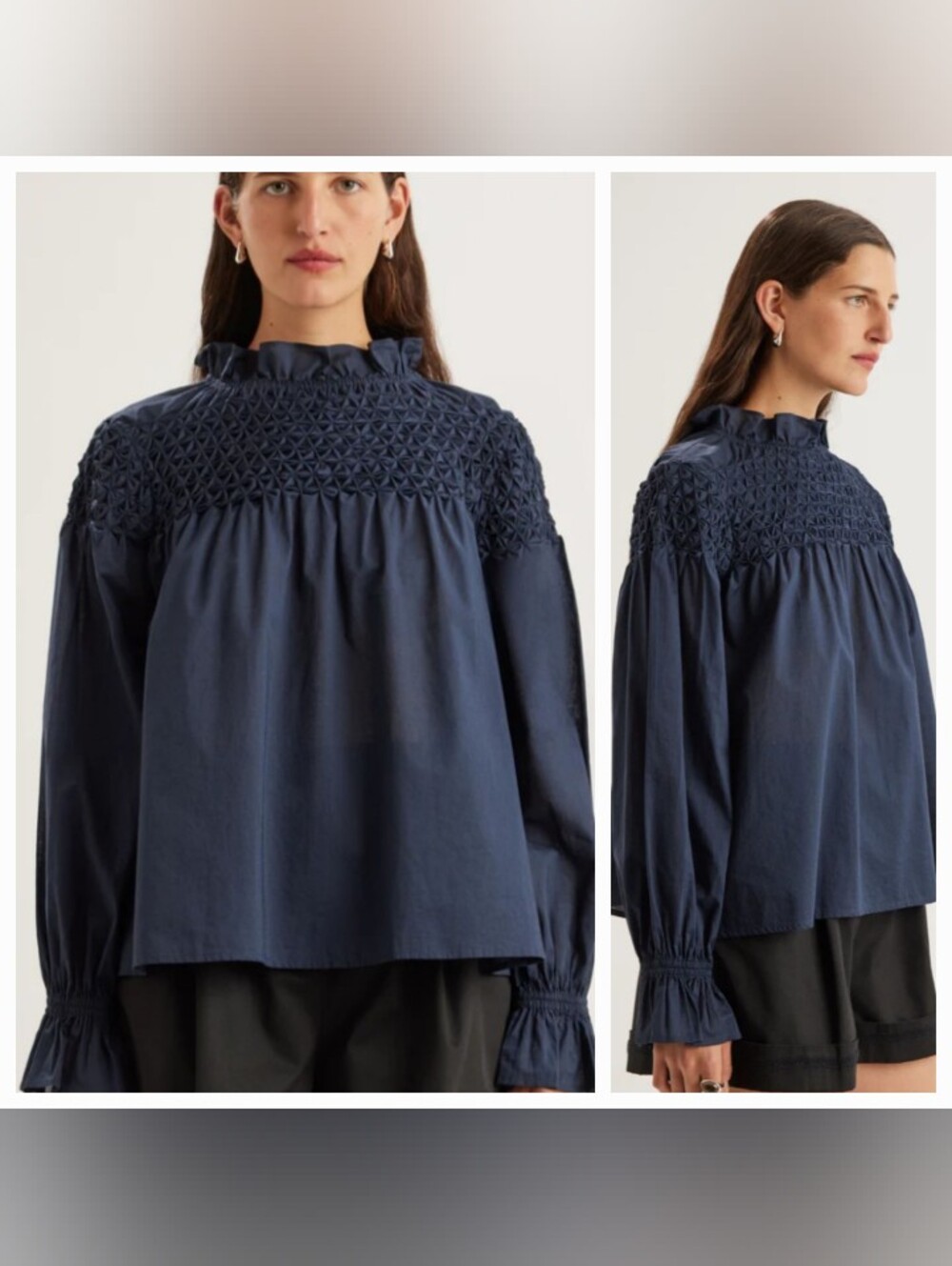 Merlette Smocked High-Neck Long-Sleeve Blouse - Navy